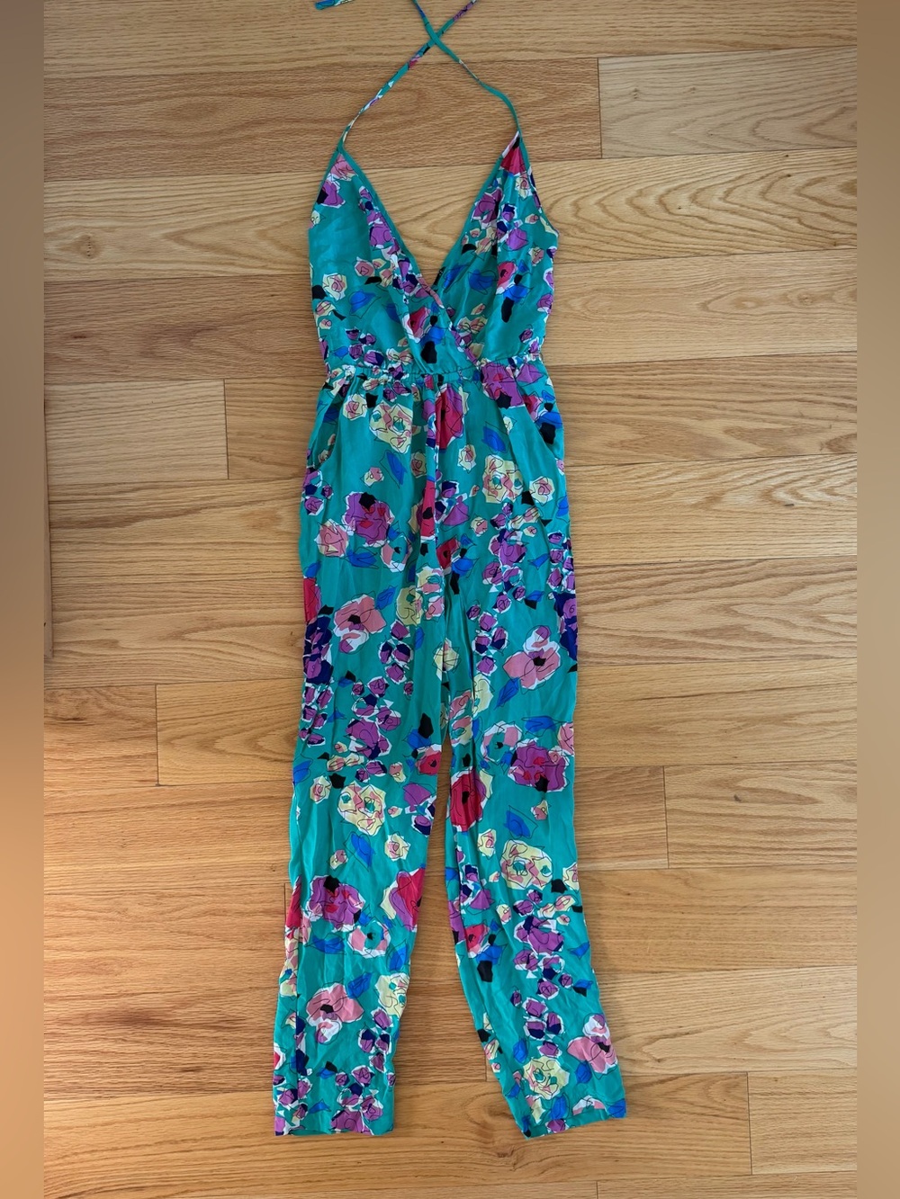 Yumi Kim 100% Silk Halter Jumpsuit Teal Abstract Floral Tapered Leg S